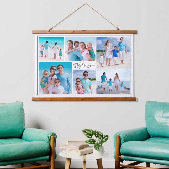 Simple Unique 6 Photo Collage Name Hanging Tapestry (Living Room)