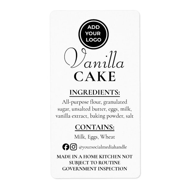 Simple Vanilla Cake Cottage Law Ingredient Label (Front)