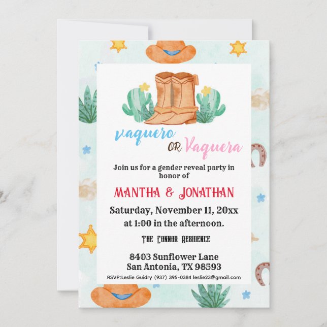 Simple vaquero Gender Reveal invitations (Front)