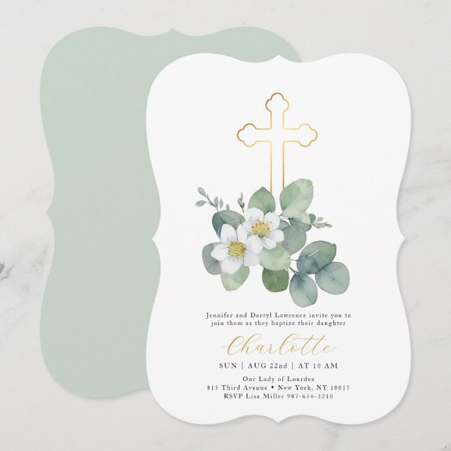 Simple verdure Croix Baptême Invitation religieuse (Devant / Derrière)