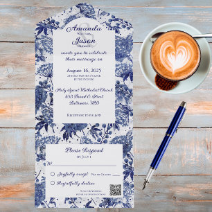Simple Vintage Blue Floral QR Code All In One Invitation