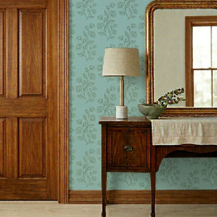 Simple Vintage Green Floral Pattern on Blue Wallpaper