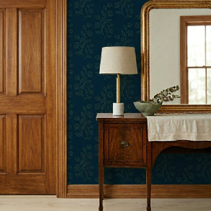 Simple Vintage Green Floral Pattern on Dark Blue Wallpaper
