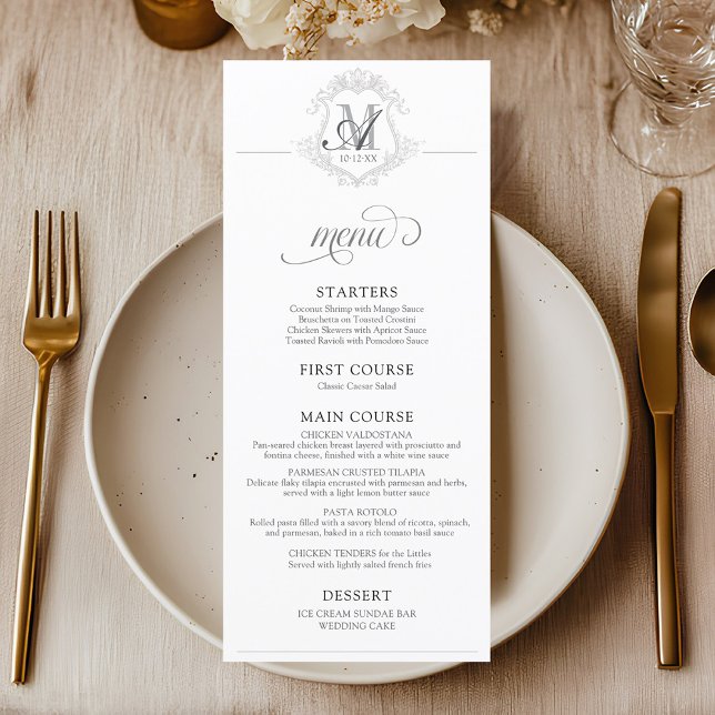 Simple Vintage Monogram Crest Mariage Dîner Menu (Simple elegant modern vintage floral monogram crest 4x9" wedding reception dinner table setting menu)