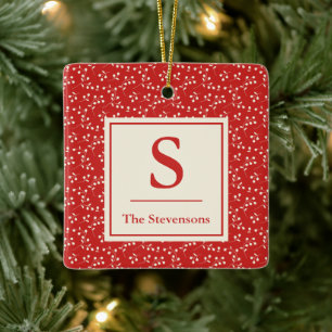 Simple Vintage Red Botanical Pattern Monogram Name Ceramic Ornament