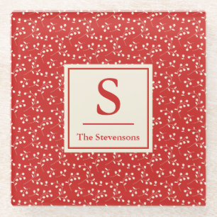 Simple Vintage Red Botanical Pattern Monogram Name Glass Coaster