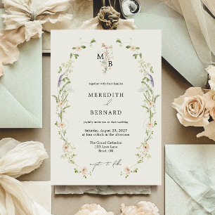 Simple Vintage Rustic Wildflower Monogram Wedding Invitation