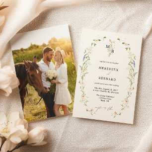 Simple Vintage Wildflower Monogram Wedding Photo Invitation