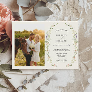 Simple Vintage Wildflower Wedding Photo Horizontal Invitation