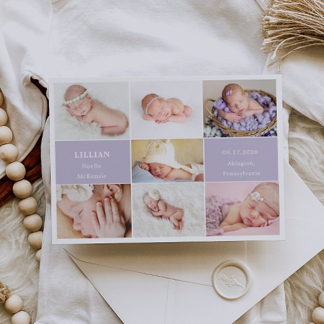 Simple Violet Baby Photo Collage Announcement Card (Creator Uploaded)