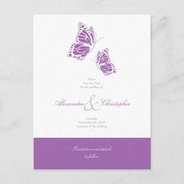 Simple Violet Butterflies Save The Date Wedding Announcement Postcard (Front)