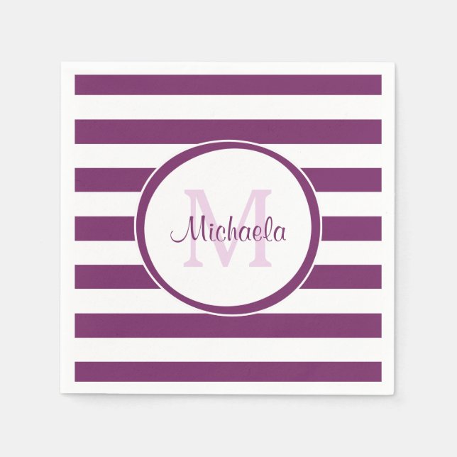 Simple Violet Name Bengal Stripes With Monogram Napkin (Front)