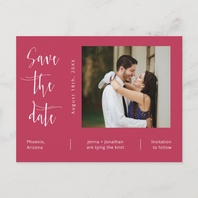 Simple Viva Magenta Photo QR Code Save The Date Postcard (Front)