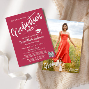 Simple Viva Magenta QR Code Photo Graduation Party Invitation