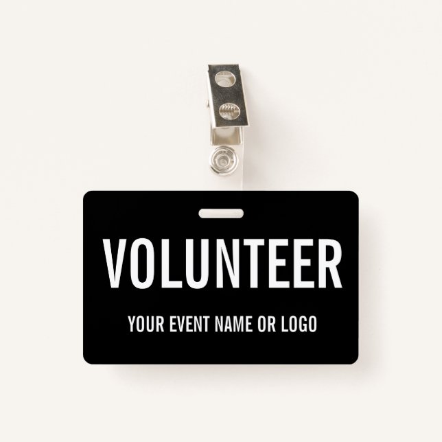 Simple Volunteer Black White Event Badge (Front with Clip)