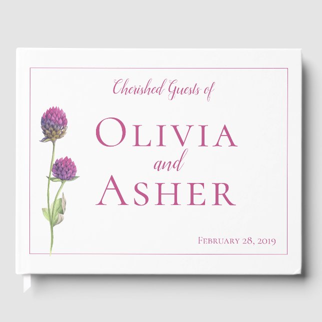 Simple Watercolor Amaranth Thistle Flower Wedding Guest Book (Front)