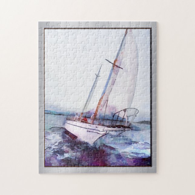 Simple watercolor and ink of Leaning Sailboat Jigsaw Puzzle (Vertical)