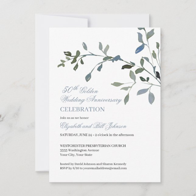 Simple Watercolor Blue 50th Wedding Anniversary Invitation (Front)