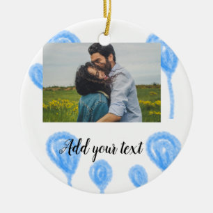 Simple watercolor blue balloons add photo text ceramic ornament