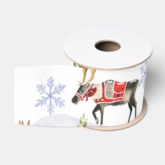 Simple watercolor Boho Christmas Reindeer tree Grosgrain Ribbon (Spool)