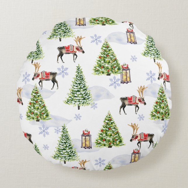 Simple watercolor Boho Christmas Reindeer tree Round Pillow (Front)