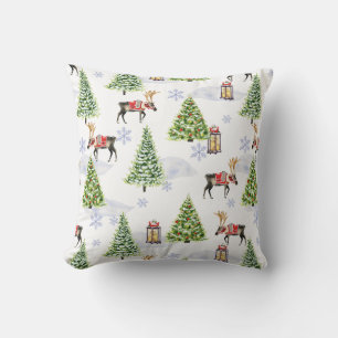 Simple watercolor Boho Christmas Reindeer tree Throw Pillow