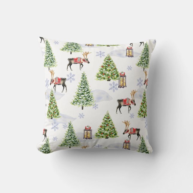 Simple watercolor Boho Christmas Reindeer tree Throw Pillow (Front)