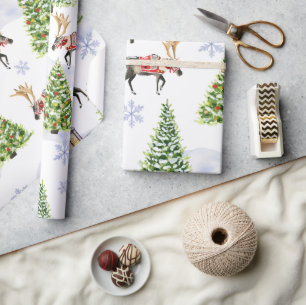 Simple watercolor Boho Christmas Reindeer tree Wrapping Paper