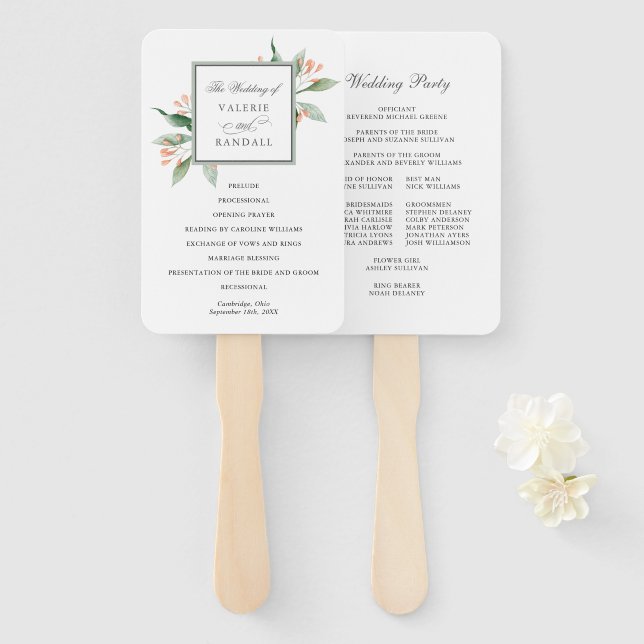 Simple Watercolor Botanical Wedding Program Hand Fan (Front and Back)