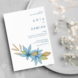 Simple watercolor brown blue floral Wedding Invitation