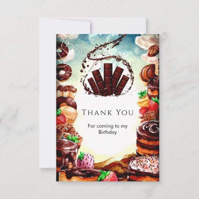 Simple Watercolor Chocolate Birthday Thank You Card (Front)