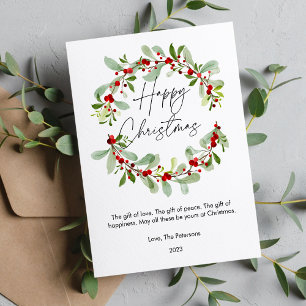 Simple Watercolor Christmas Berries Flat  Holiday Card