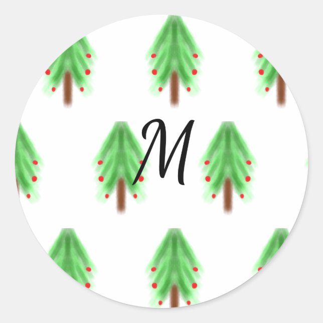 Simple watercolor Christmas pattern add monogram  Classic Round Sticker (Front)