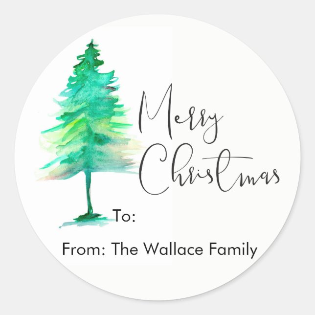 Simple, Watercolor Christmas Pine tree Classic Round Sticker (Front)