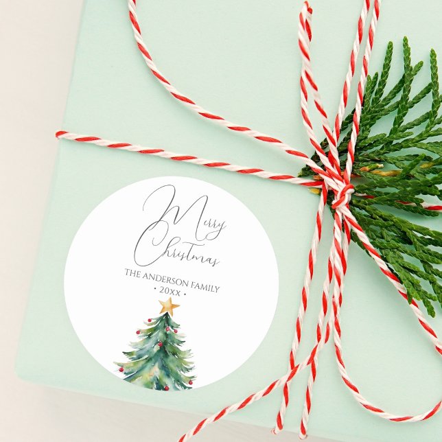 Simple Watercolor Christmas Tree Merry Christmas Classic Round Sticker (Creator Uploaded)