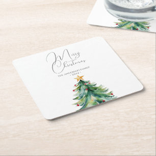 Simple Watercolor Christmas Tree Merry Christmas Square Paper Coaster