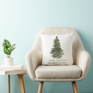 Simple Watercolor Christmas Tree Throw Pillow