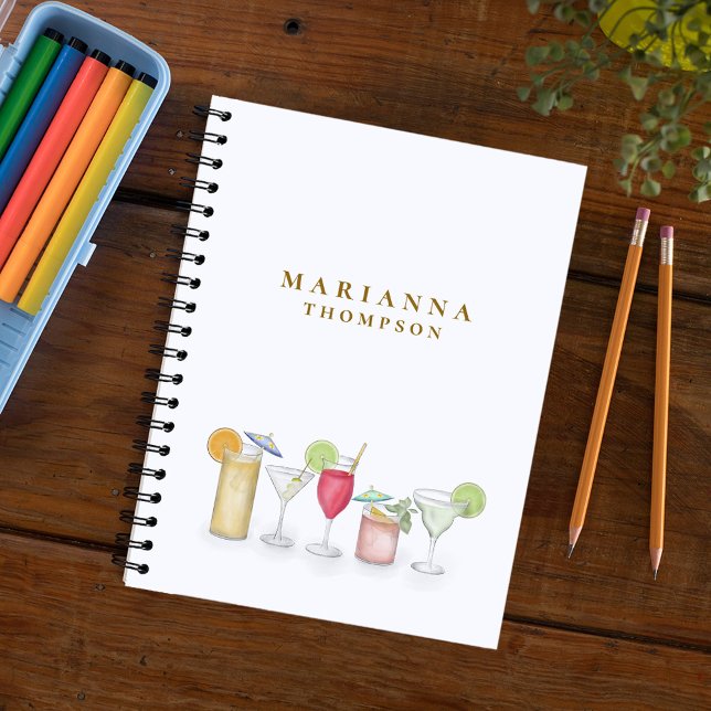 Simple Watercolor Cocktail Drinks Stylish Custom Notebook (Watercolor cocktail drinks colorful spiral notebook with a martini, margaritas, and wine )