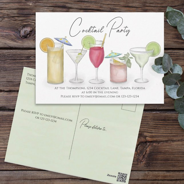 Simple Watercolor Cocktail Party Drinks Whimsical Postcard (Creator Uploaded)
