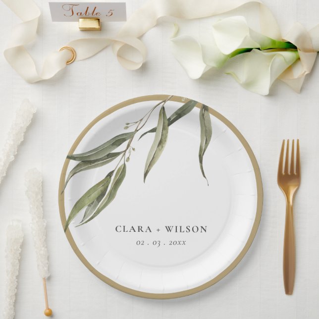 Simple Watercolor Eucalyptus Botanical Wedding Paper Plate (Wedding)