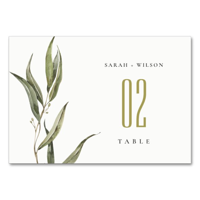 Simple Watercolor Eucalyptus Botanical Wedding Table Number (Front)
