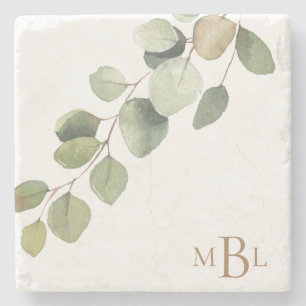 Simple Watercolor Eucalyptus Monogram Stone Coaster