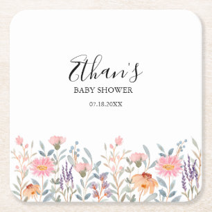 Simple Watercolor Floral Garden Baby Shower Square Paper Coaster