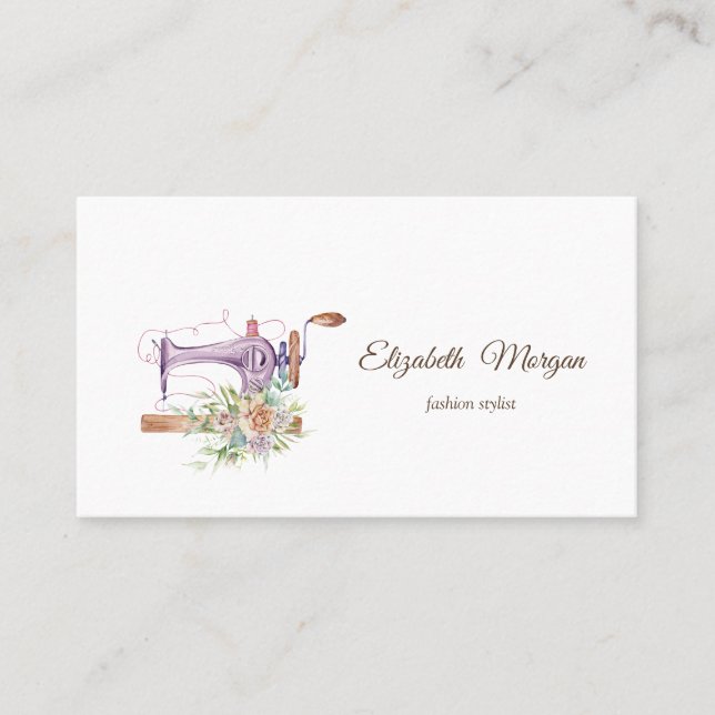 Simple Watercolor Floral Sewing Machine  Business Card (Front)