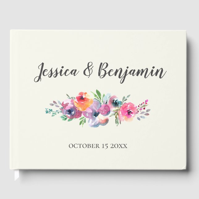 Simple Watercolor Flowers Modern Elegant Wedding Guest Book (Front)
