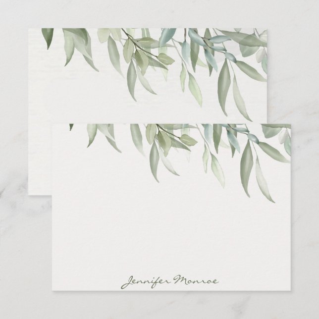 Simple watercolor green leaves personalized card (Front/Back)
