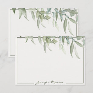Simple watercolor green leaves personalized card