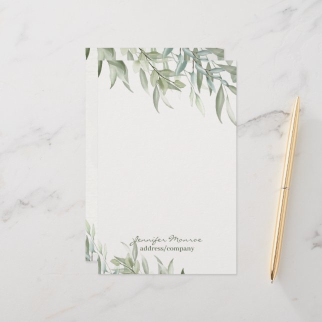 Simple watercolor green leaves personalized stationery (Front/Back In Situ)