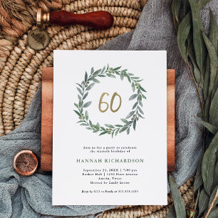 Simple Watercolor Greenery and Gold 60th Birthday Invitation