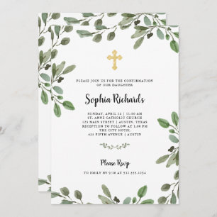 Simple Watercolor Greenery and Gold   Confirmation Invitation